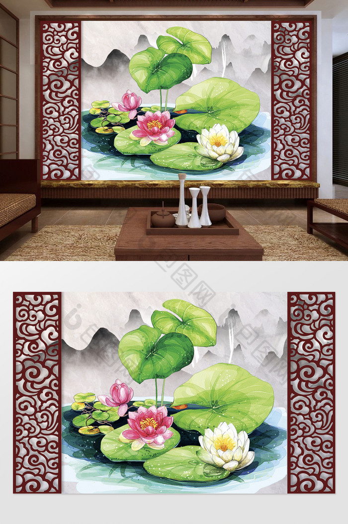 新中式创意荷花景色背景墙图片图片
