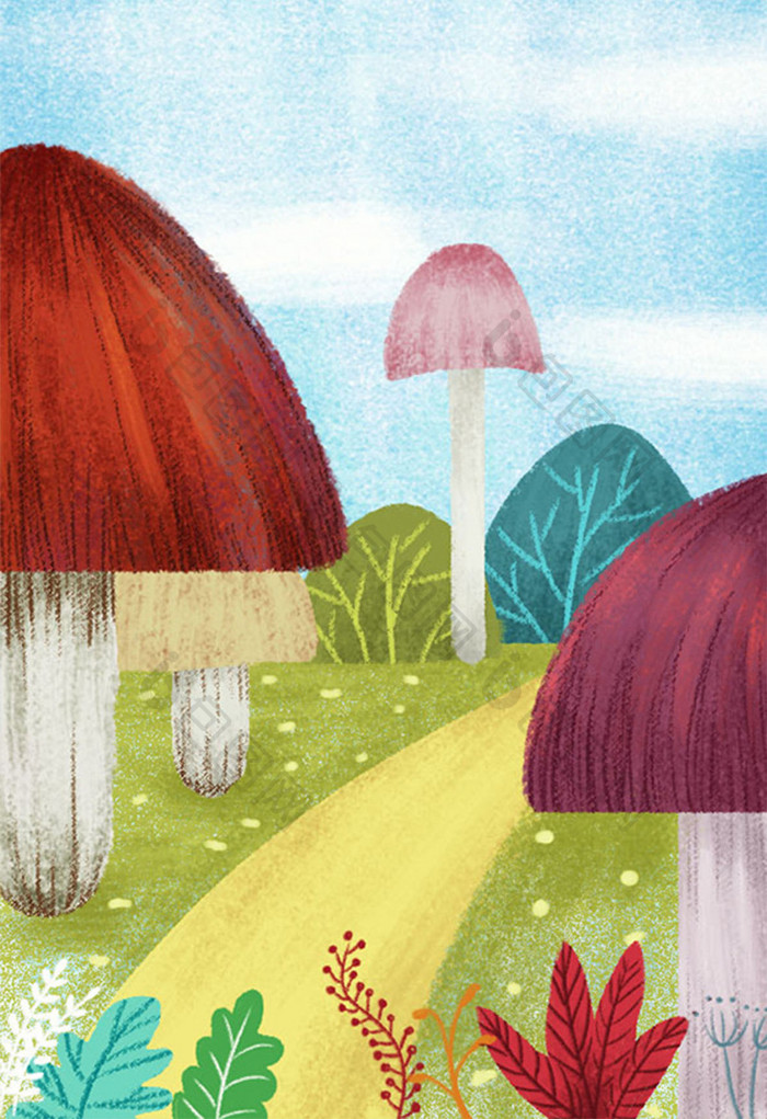 卡通蘑菇小路背景插画