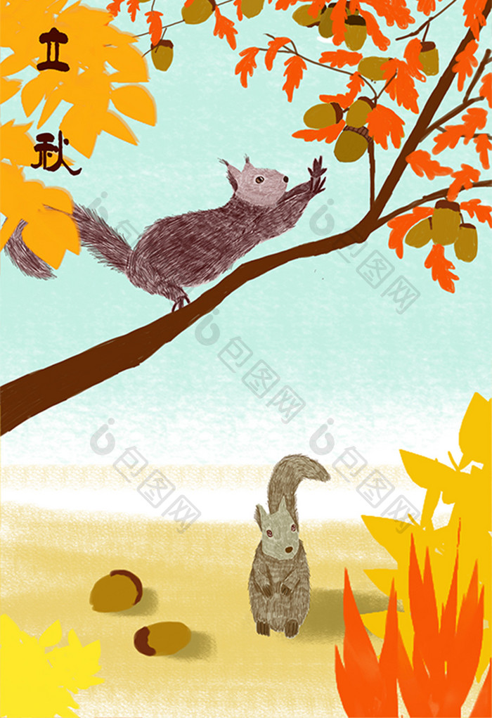 清新唯美立秋摘橡果的松鼠插画装饰画