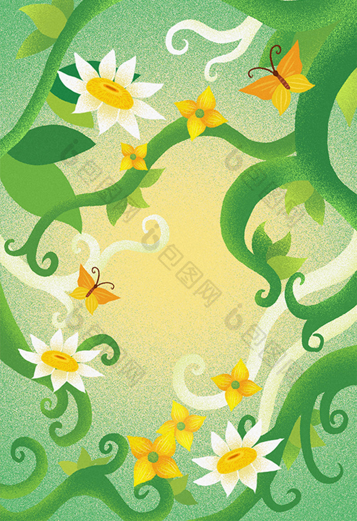 清新绿色植物藤曼花卉插画背景