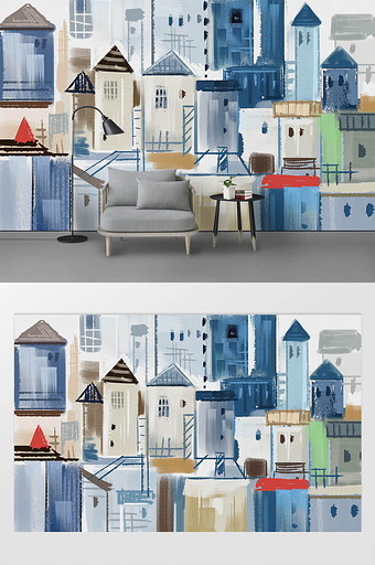 北欧现代抽象城市建筑房子油画背景装饰画图片