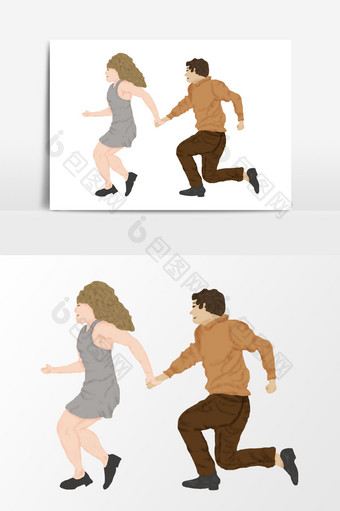 手绘卡通七夕情人节拉手奔跑的情侣元素图片