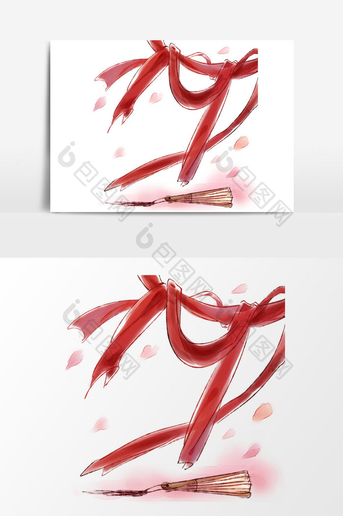 中国风红色丝巾折扇插画元素