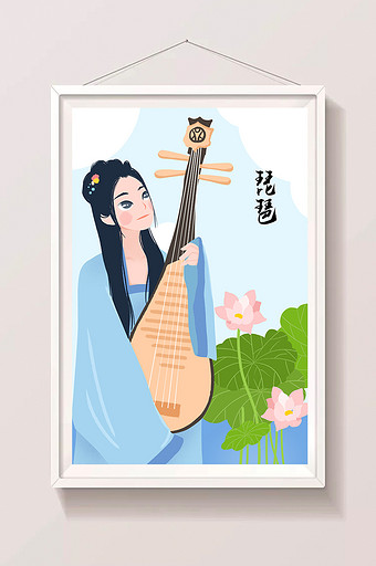 古风小清新弹琵琶古装美女插画图片