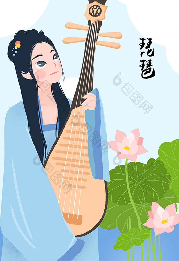 古风小清新弹琵琶古装美女插画