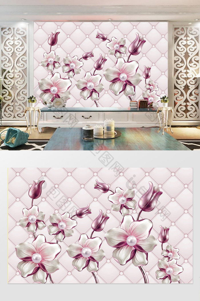 3D时尚浪漫珍珠花朵背景墙