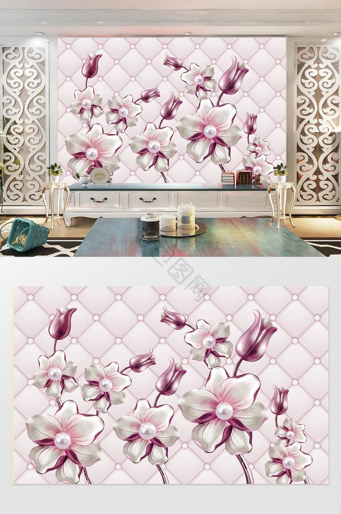 3D时尚浪漫珍珠花朵背景墙图片