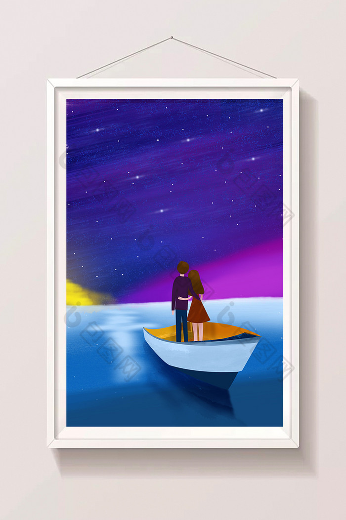 梦幻星空船上的情侣插画图片