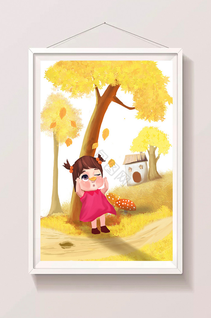秋季风景小女孩插画图片