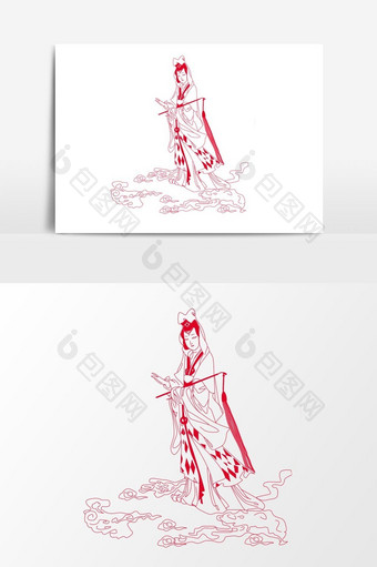 简洁中国传统红色剪纸窗花庙玉尼姑矢量元素图片