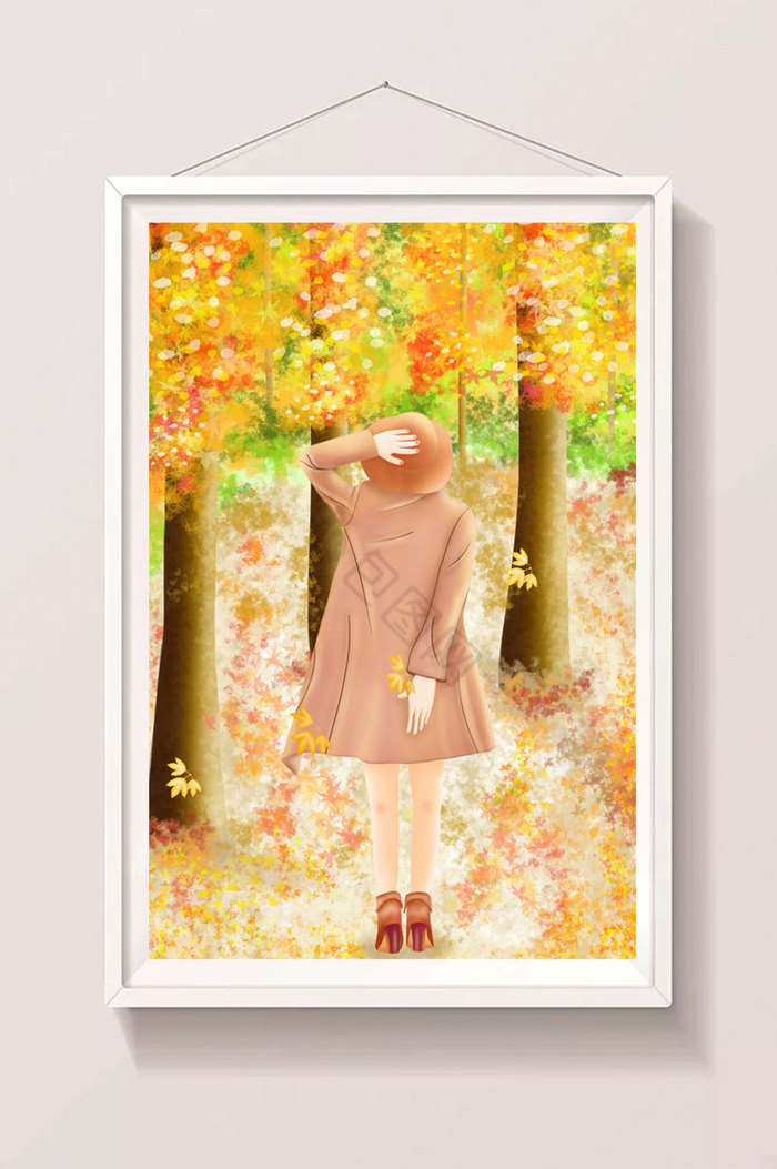 立秋站在树下的女孩插画图片