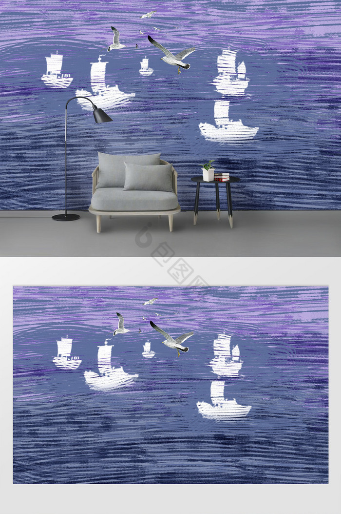 唯美现代北欧油画帆船海鸥背景墙图片