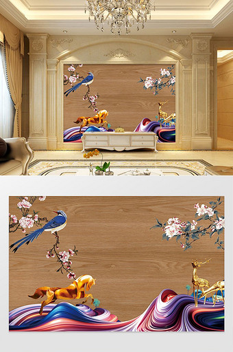 中式油画马 鹤 飞鸟 木板电视背景墙图片