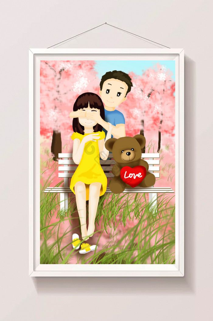 樱花树下过七夕节插画图片