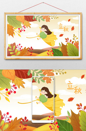 立秋节气清新可爱手绘飞翔的女孩插画图片