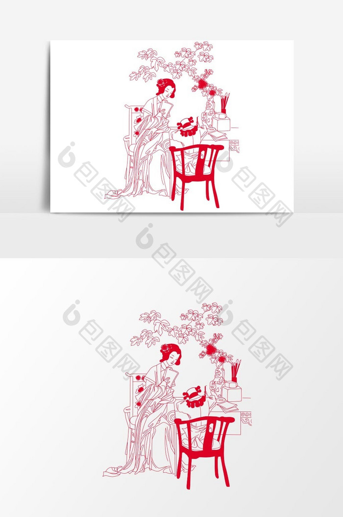 简洁中国传统红色剪纸窗花仕女在花矢量元素