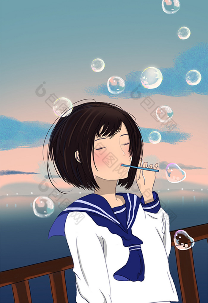 女孩吹泡泡日系插画图片