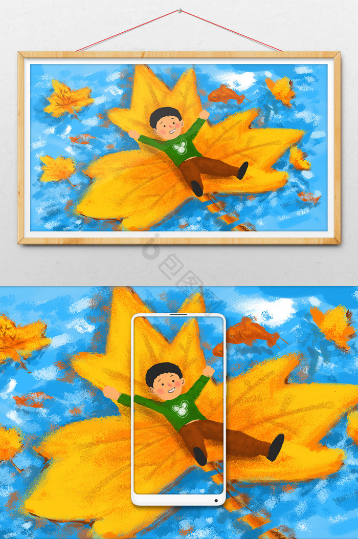 金色枫叶水中飘泊插画图片