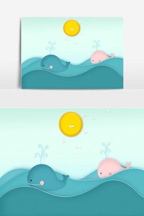 扁平化剪纸风海洋动物卡通鲸鱼插画装饰素材