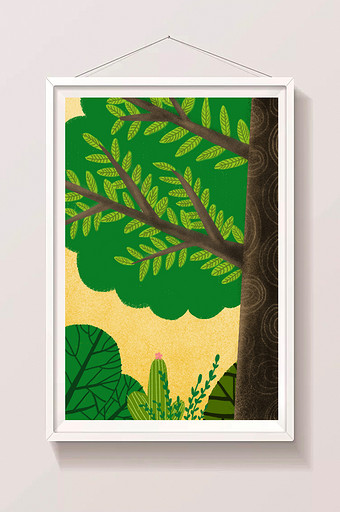 绿色大树暖系唯美手绘风格竖版插画背景图片