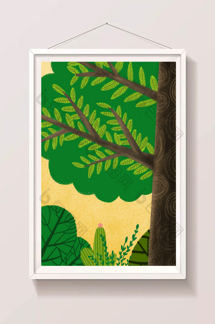 绿色大树暖系唯美手绘风格竖版插画背景