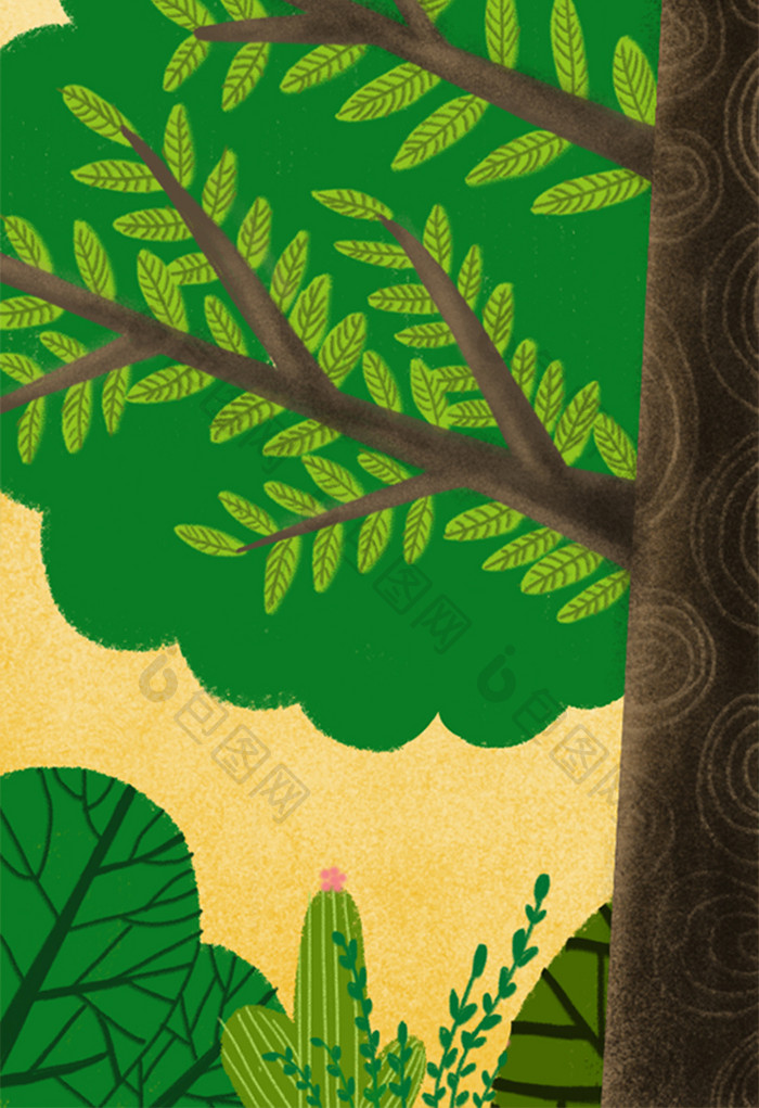 绿色大树暖系唯美手绘风格竖版插画背景