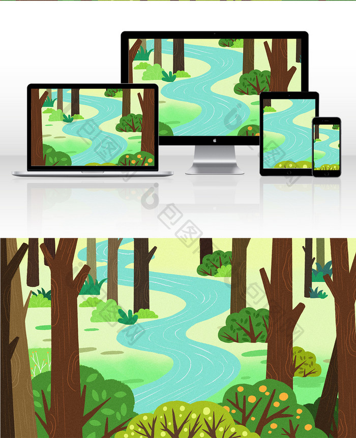 卡通手绘森林河流风景背景