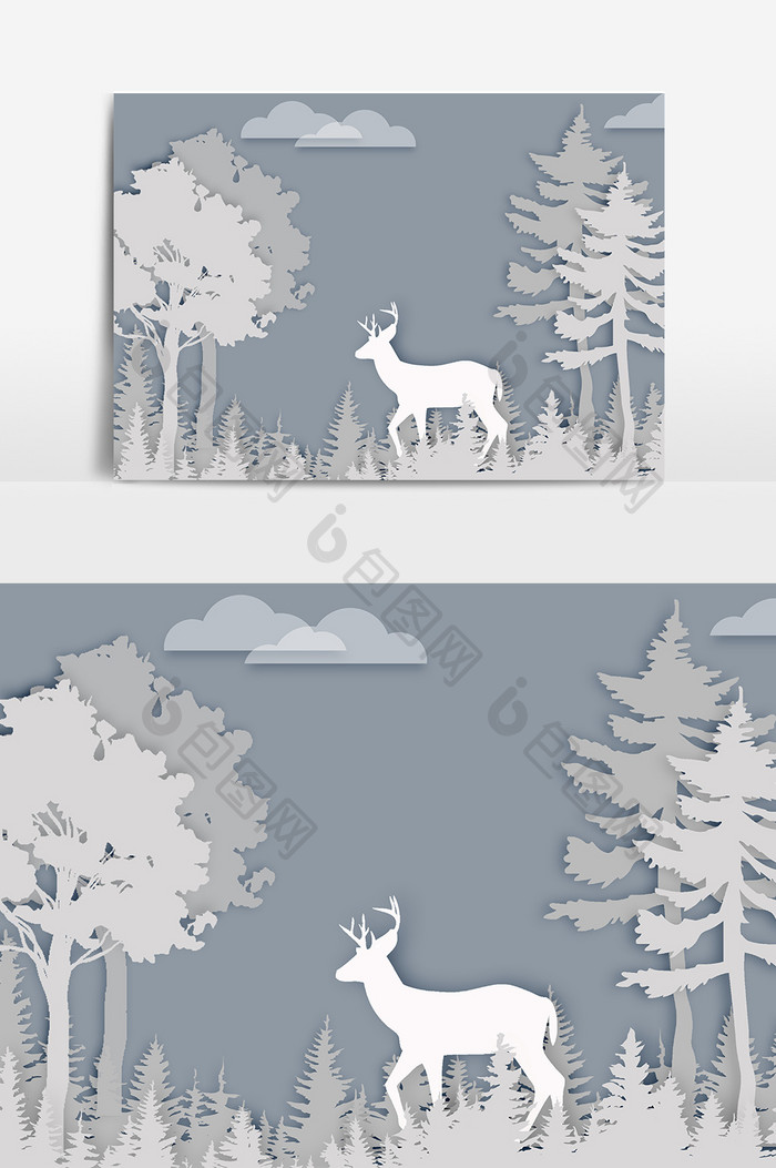 冬日雪地丛林鹿动物剪纸风装饰素材