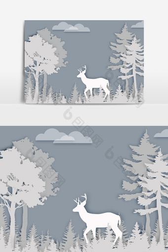 冬日雪地丛林鹿动物剪纸风装饰素材图片