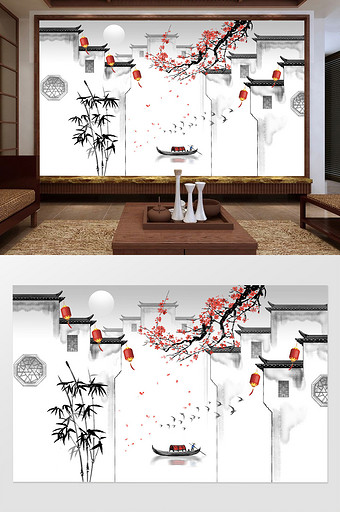 新中式意境水墨江南徽派建筑背景墙图片