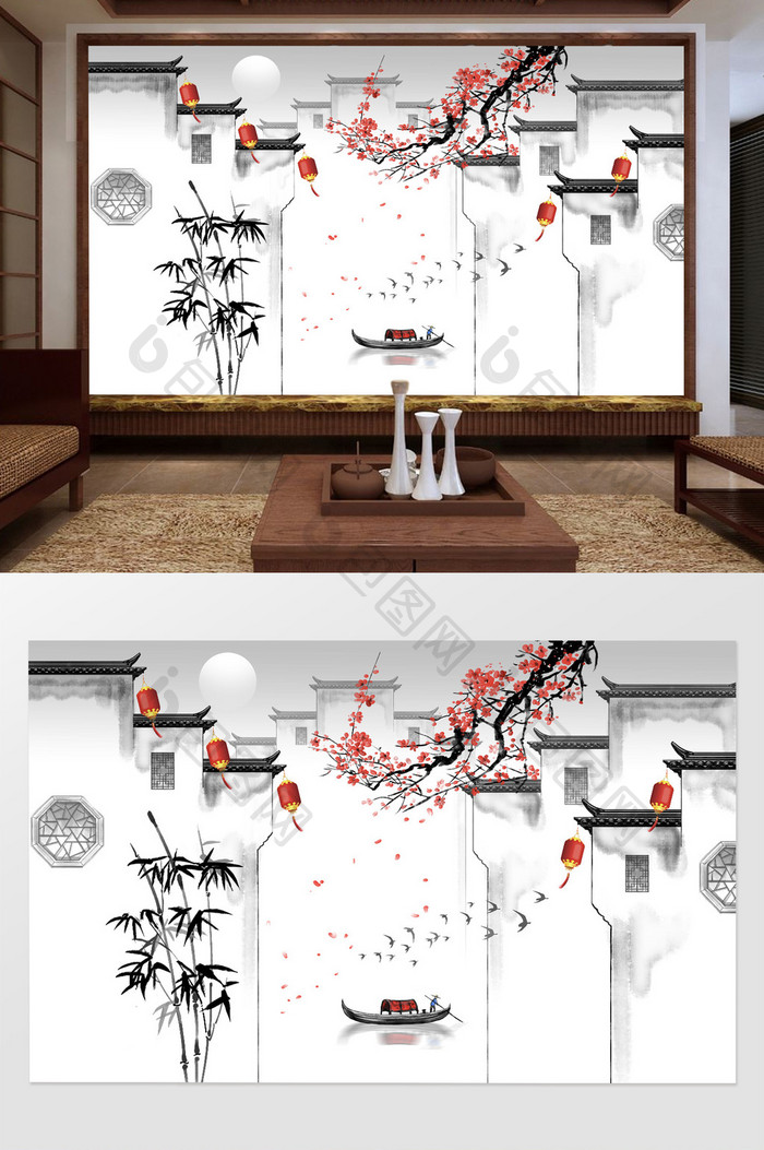 新中式意境水墨江南徽派建筑背景墙