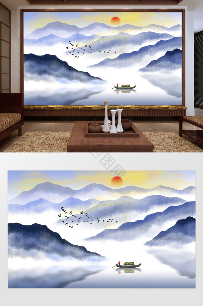 新中式意境水墨山水画背景墙壁画图片