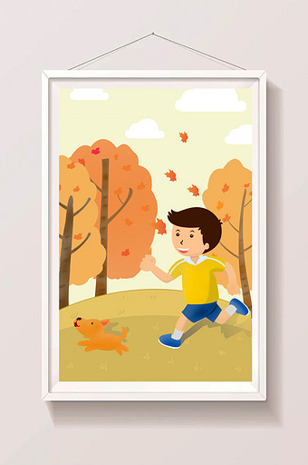 清新黄色男孩和小狗嬉戏落叶秋天立秋插画图片