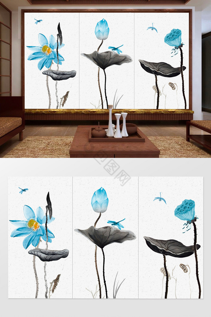 新中式手绘水墨莲花莲蓬简约装饰背景墙图片