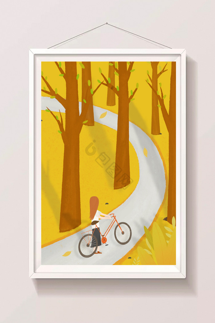 秋季女孩骑行插画图片