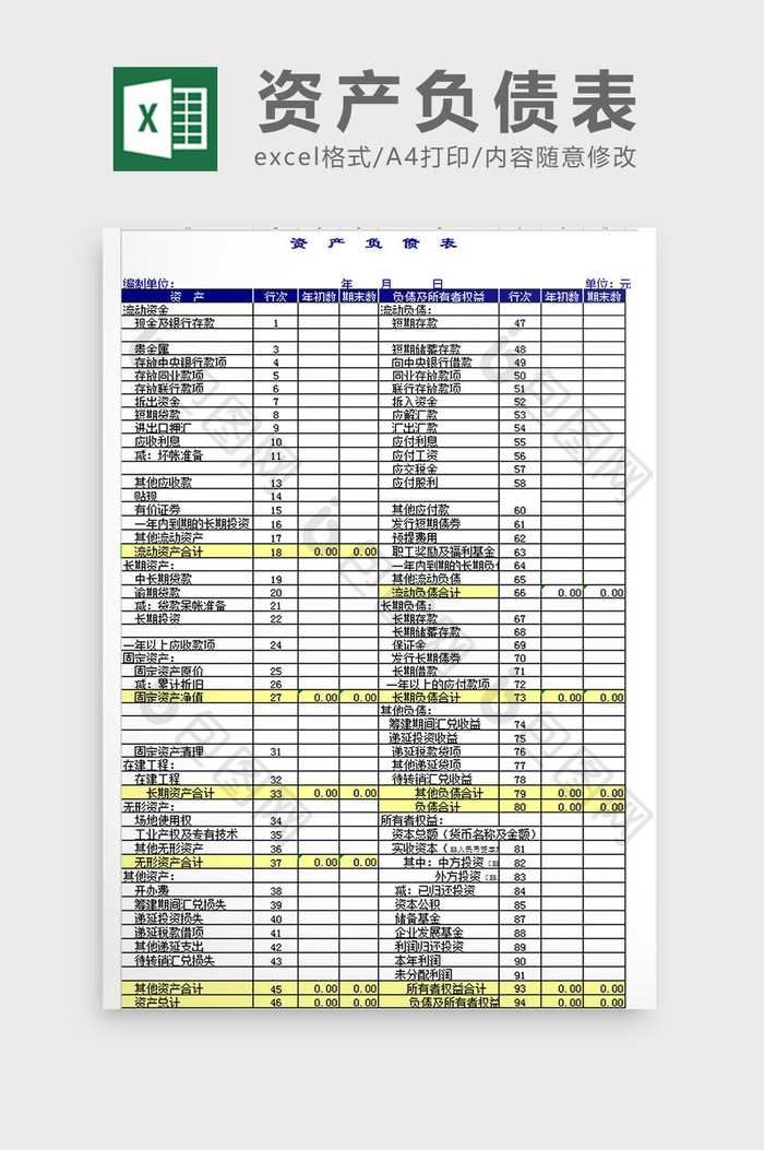 单位资产负债表 excel模板