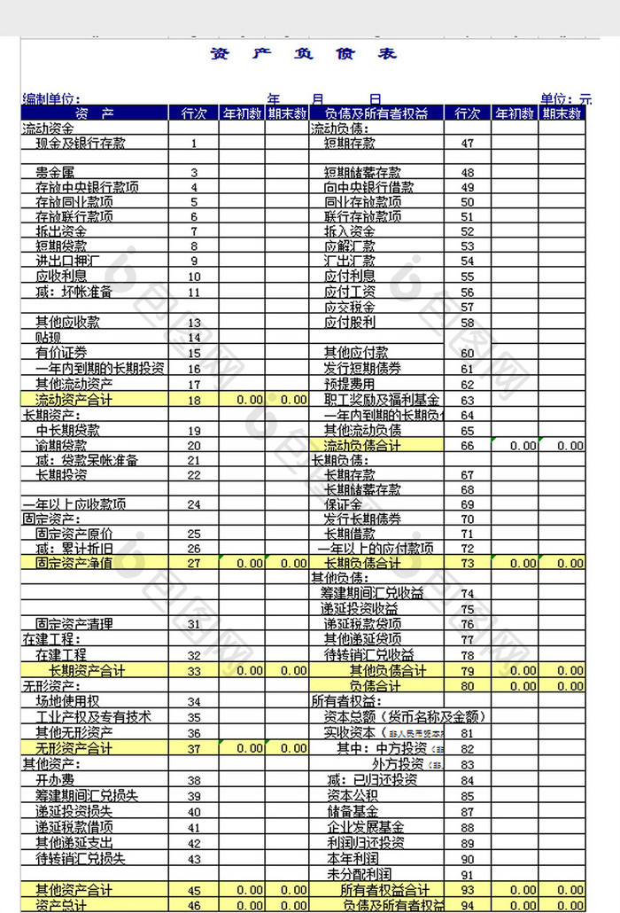 单位资产负债表 excel模板