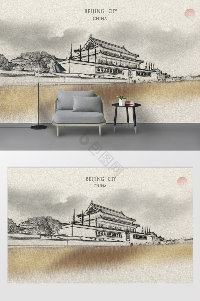 新现代手绘北京城市建筑背景墙图片