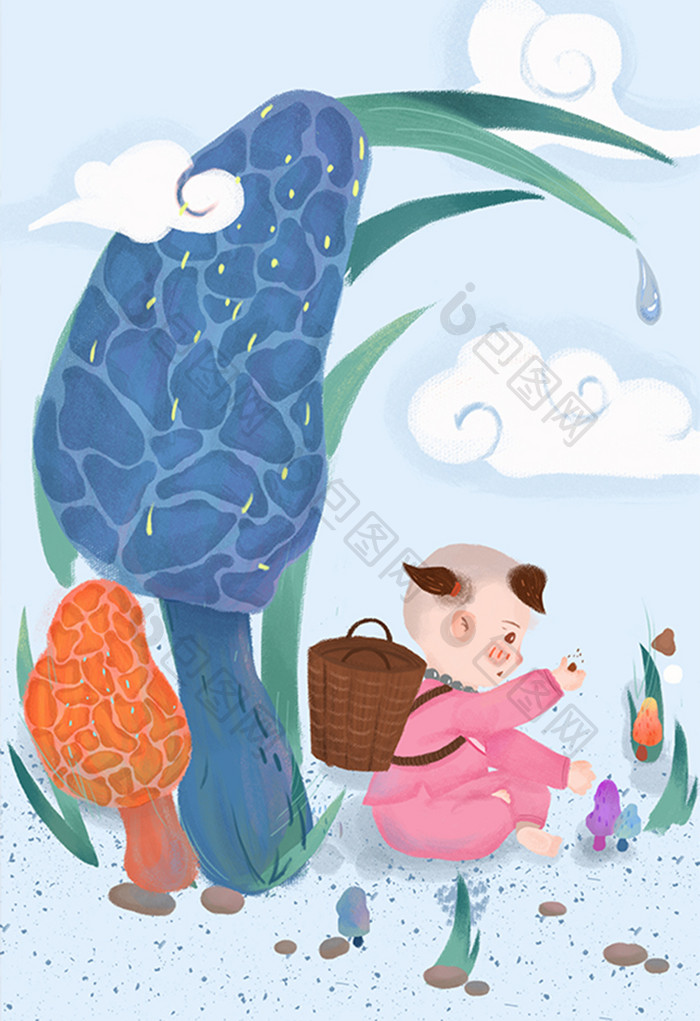 蓝色清新中国风小尼姑采蘑菇手绘插画