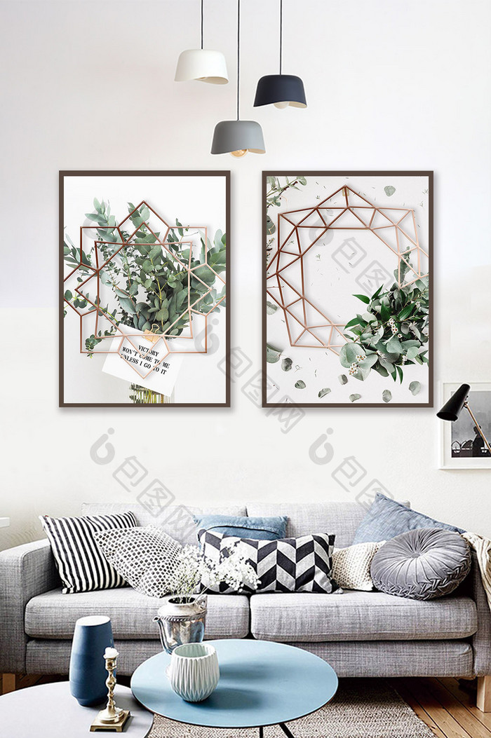 现代简约北欧风植物花卉两联装饰画