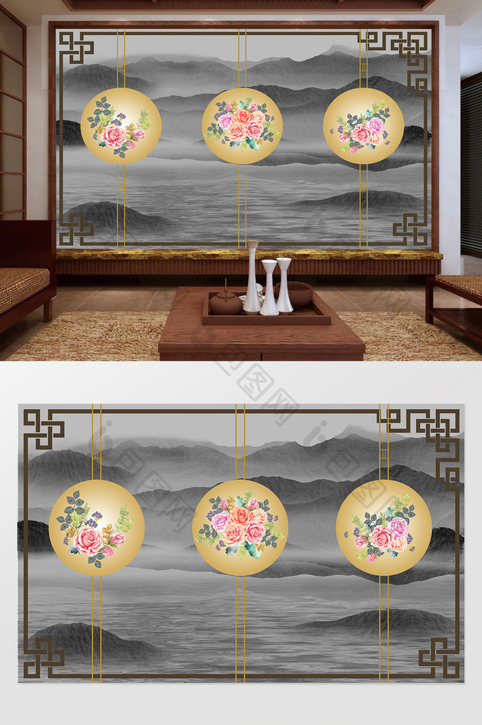新中式手绘山水风景抽象背景墙