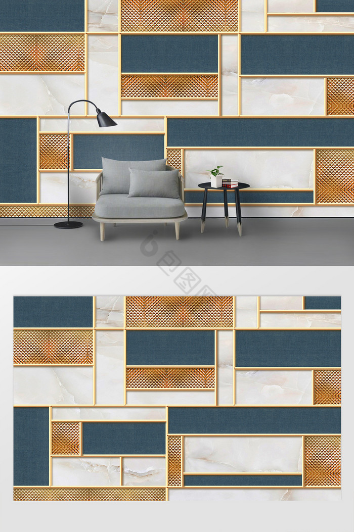 现代简约金色线条几何图形拼接电视背景墙图片