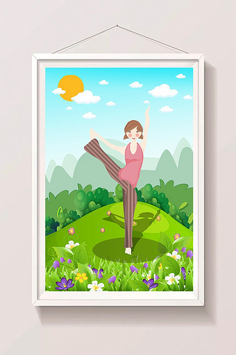 绿色女孩在后院做瑜伽插画图片