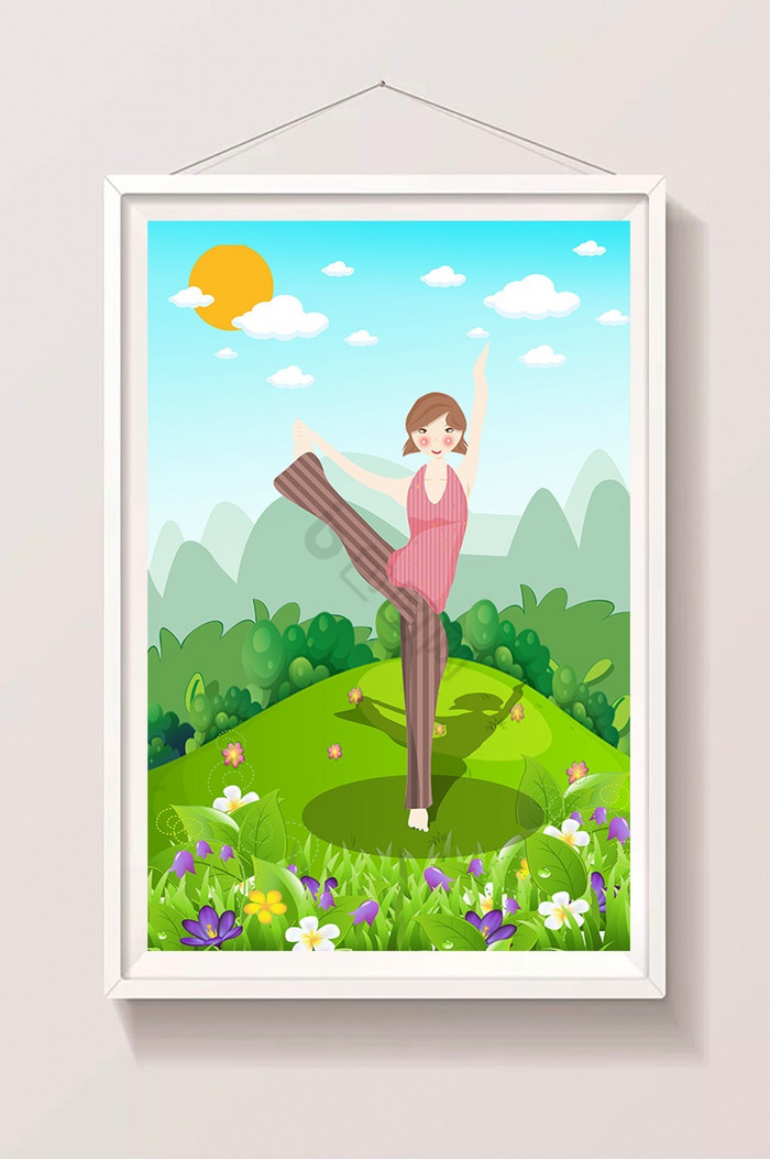 女孩在后院做瑜伽插画图片