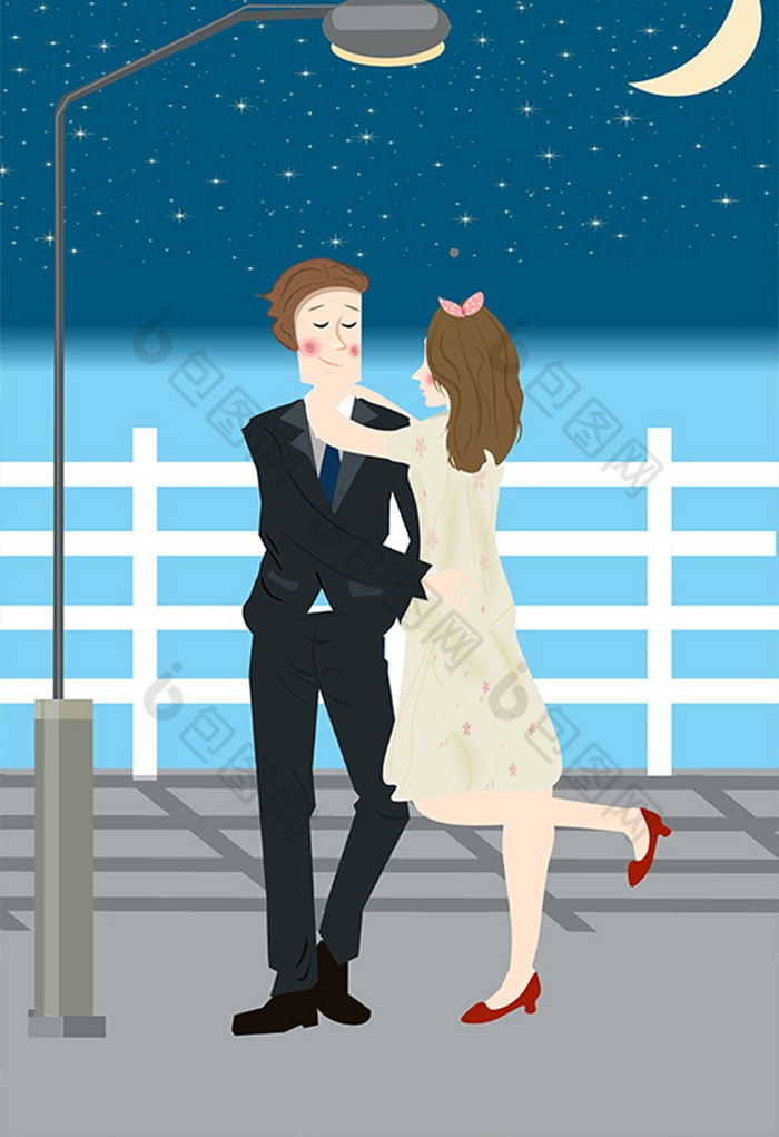 黑夜情侣在路灯下拥抱插画图片