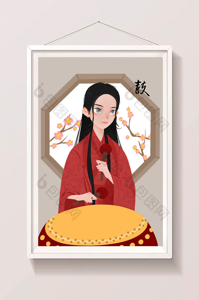 古风古装敲鼓女孩梅花插画
