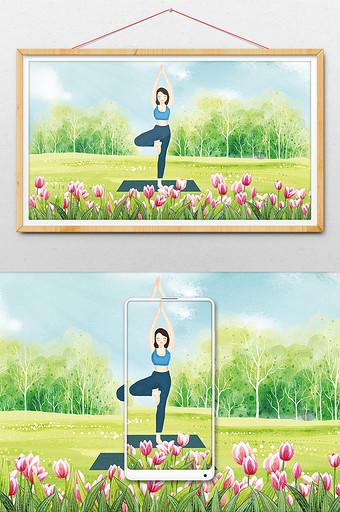 美丽风景鲜花世界瑜珈女孩姿势插画图片