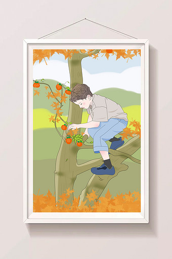 秋天采摘果实的小男孩清新唯美插画图片