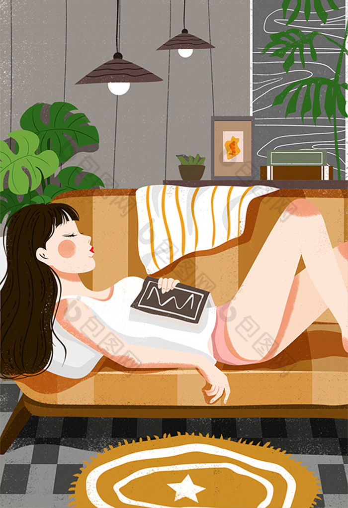 温馨休闲暑期插画沙发抱书而睡女孩生活插画