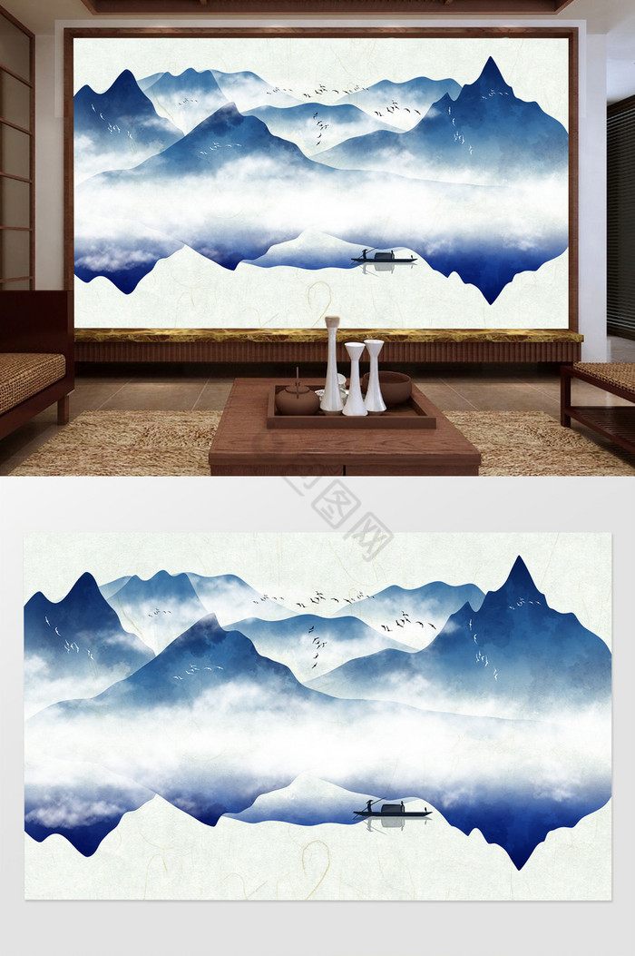 手绘中式山水意境电视背景墙图片